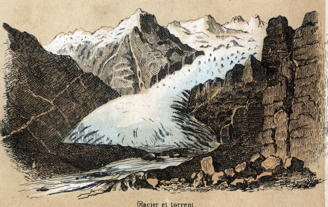 Beschrijving van de verschillende soorten landschappen en reliëfs afhankelijk van de geografie: detail van een gletsjer (of ijszee) in een bergketen. Plaat "Fysische Geografie" in "les Recreations instructives" Synoptisch schilderij door Jules Delbruck. door French School