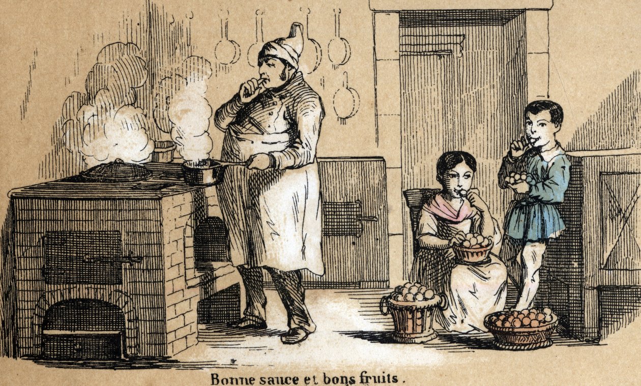 Beschrijving van de vijf zintuigen: detail van de smaak, een kok proeft zijn saus en kinderen knabbelen aan fruit. Plaat 