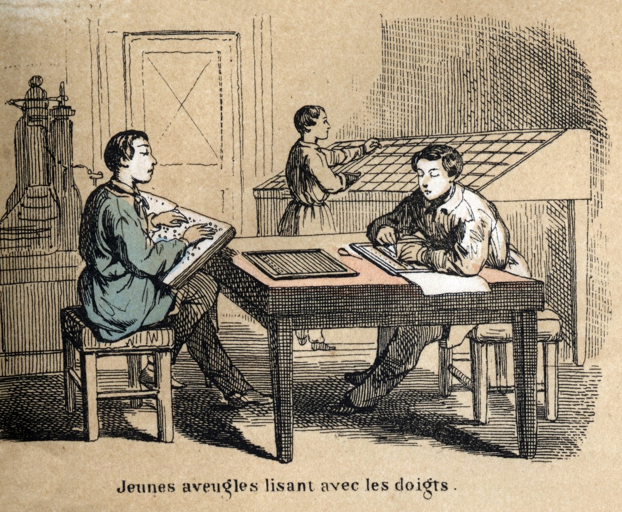 Beschrijving van de vijf zintuigen: detail van aanraking, jonge blinde jongens gebruiken aanraking om teksten te ontcijferen via het Braille-alfabet, een tactiel schrijfsysteem. Plaat "Les cinq sens" in "les Recreations instructives" Synoptisch schilderij  door French School