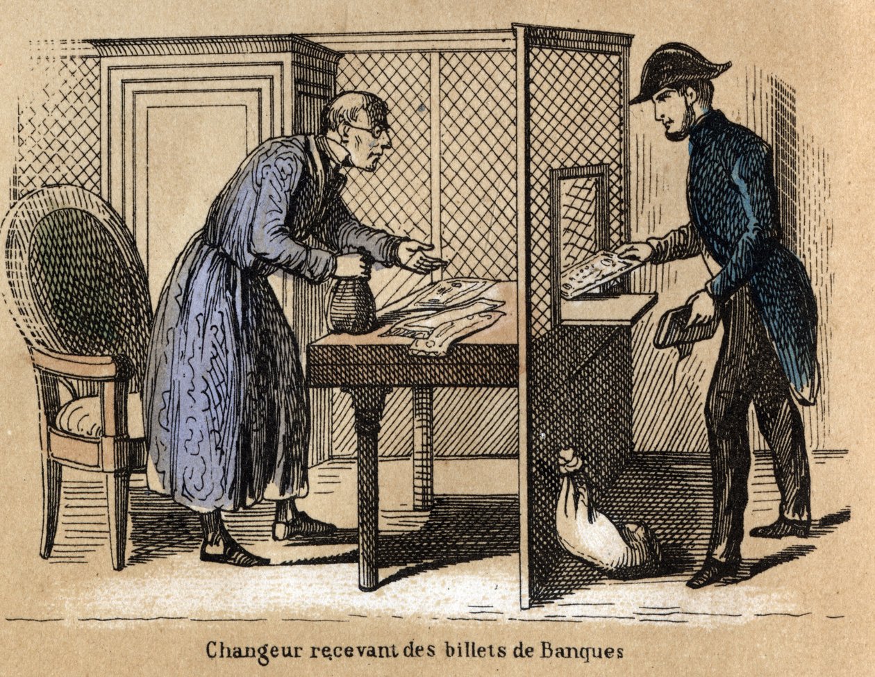 Beschrijving van de verschillende producten en toepassingen van papier: een transactie bij de bank, een bankier ontvangt papieren bankbiljetten. Plaat "Le papier et ses produits" in "les Recreations instructives" Synoptisch schilderij door Jules Delbruck,  door French School
