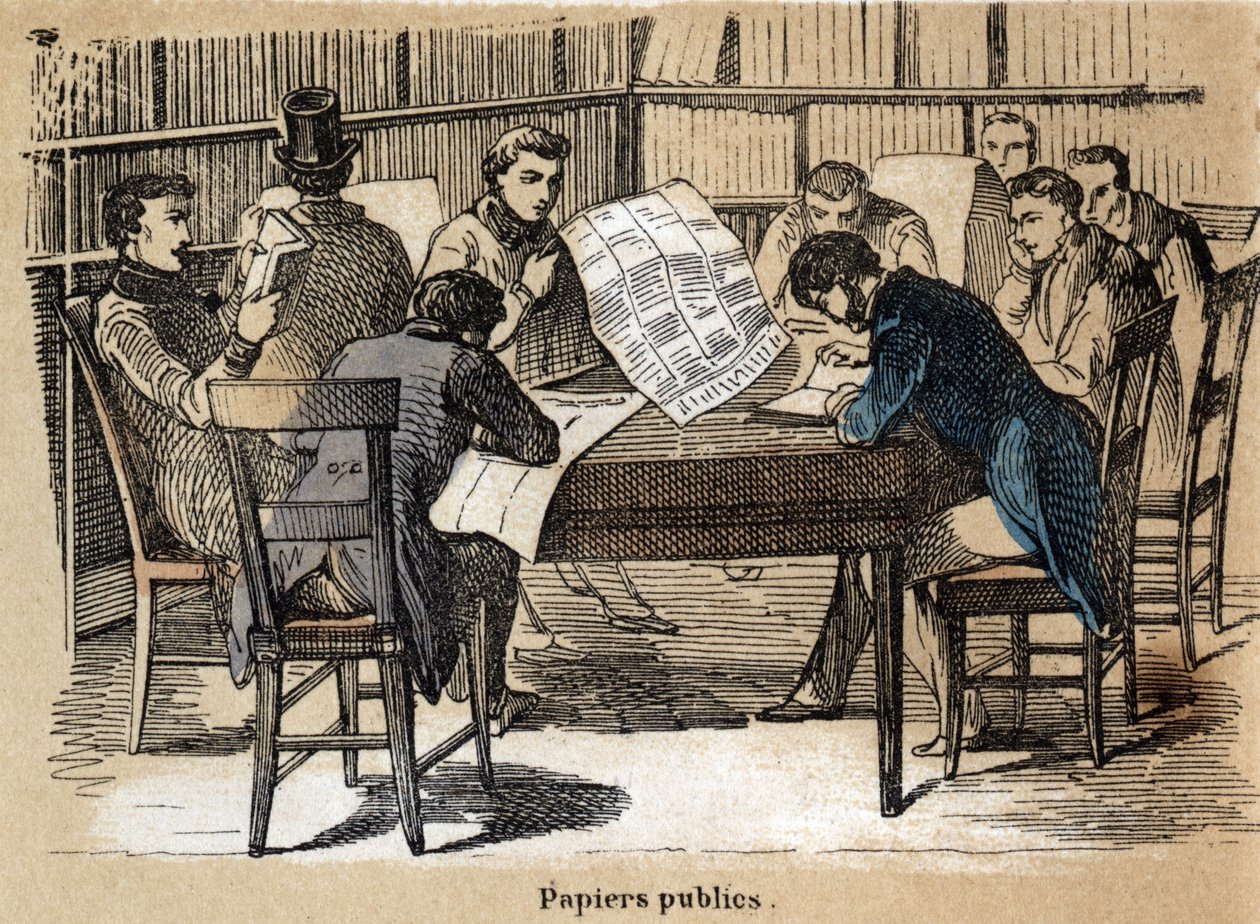 Beschrijving van de verschillende producten en toepassingen van papier: het lezen van openbare papieren (kranten). Plaat "Le papier et ses producten" in "les Recreations instructives" Synoptisch schilderij door Jules Delbruck, gravure uit 1860. Privécollec door French School