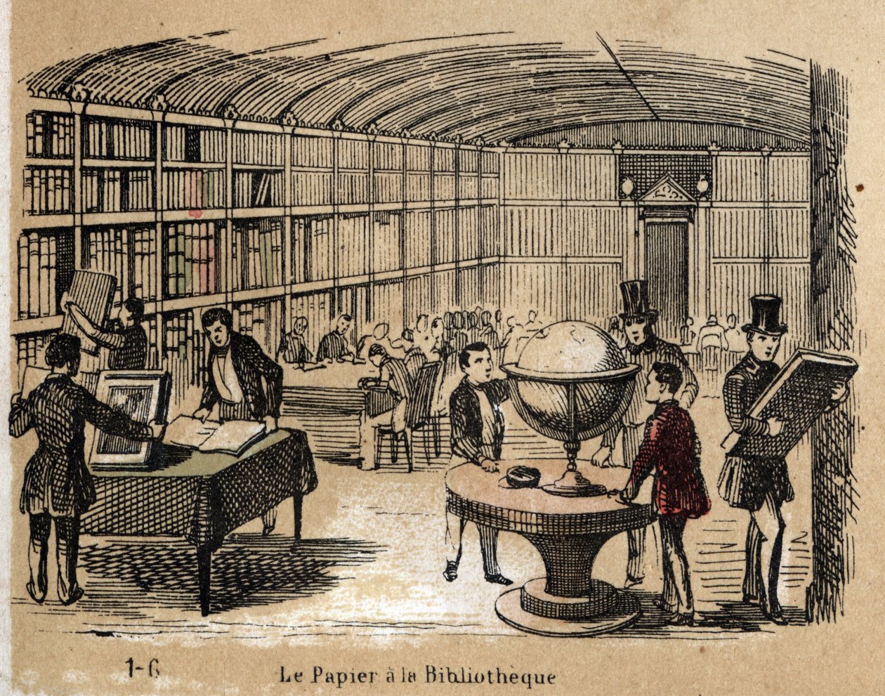 Beschrijving van de verschillende producten en toepassingen van papier: zicht op een bibliotheek met papieren werken. Plaat 