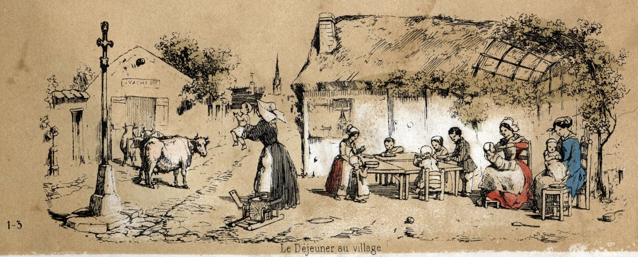 Beschrijving van de verschillende producten en toepassingen van de koe: scène uit het dagelijks leven in een dorp. Plaat "La coache et ses produits" in "les Recreations instructives" Synoptisch schilderij door Jules Delbruck, gravure uit 1860. Privécollect door French School