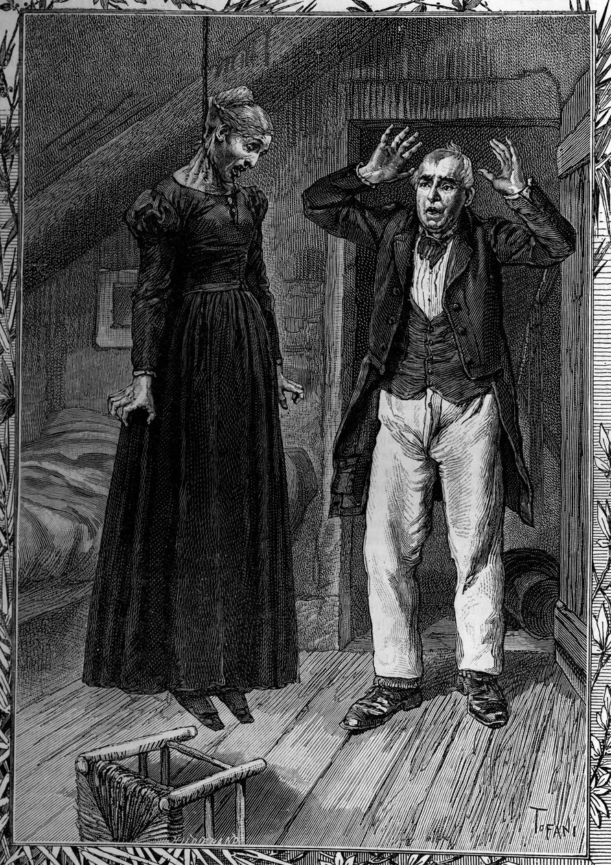 Onteerd door armoede, een vrouw pleegt zelfmoord in haar kamer. Gravure in het illustere tijdschrift 