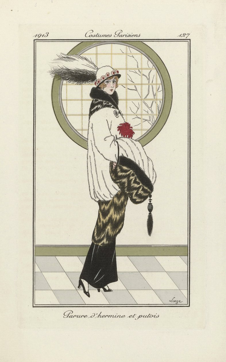 Ontwerp voor Hermelijn en Bunzing Ensemble, uit Costumes Parisien, pub.1913 door French School