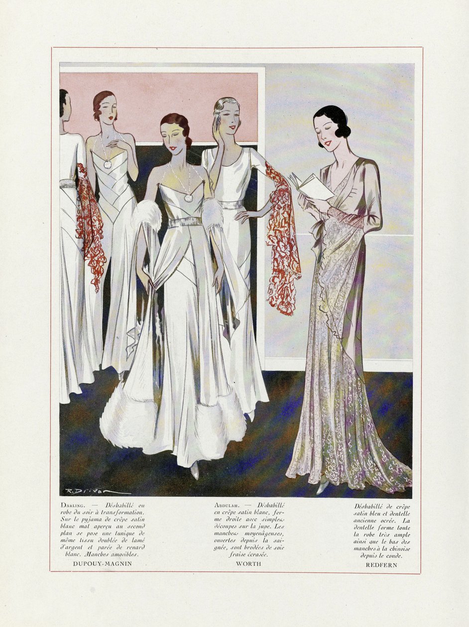 Ontwerp voor avondjurken door Depouy-Magnin, Worth en Redfern, uit Art, Gout, Beaute, pub. 1931 (kleurenlitho) door French School