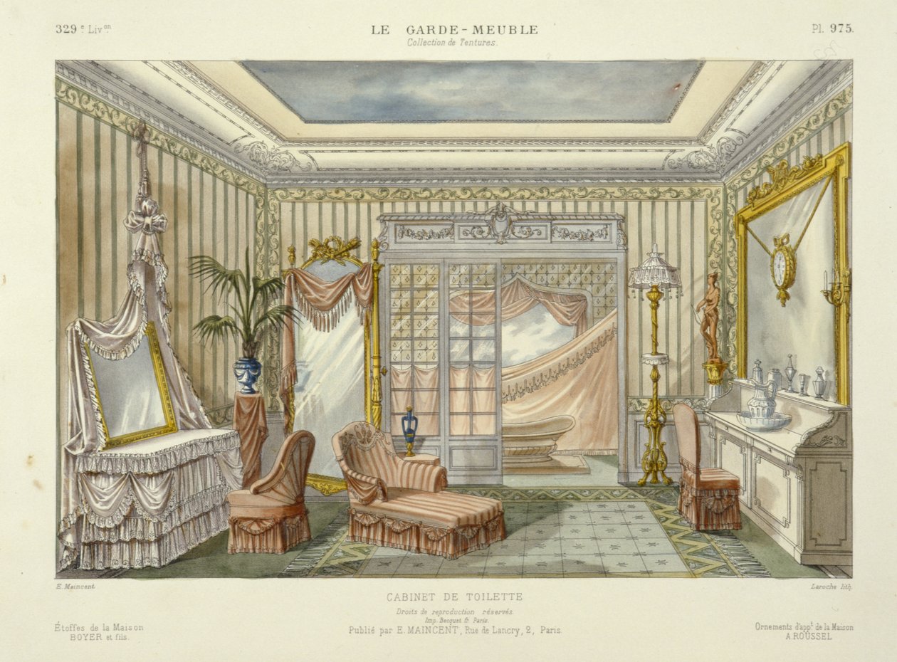 Ontwerp voor een badkameruitrusting van Le Garde-Meuble, Pub. Parijs, ca. 1890 (kleurenlitho) door French School