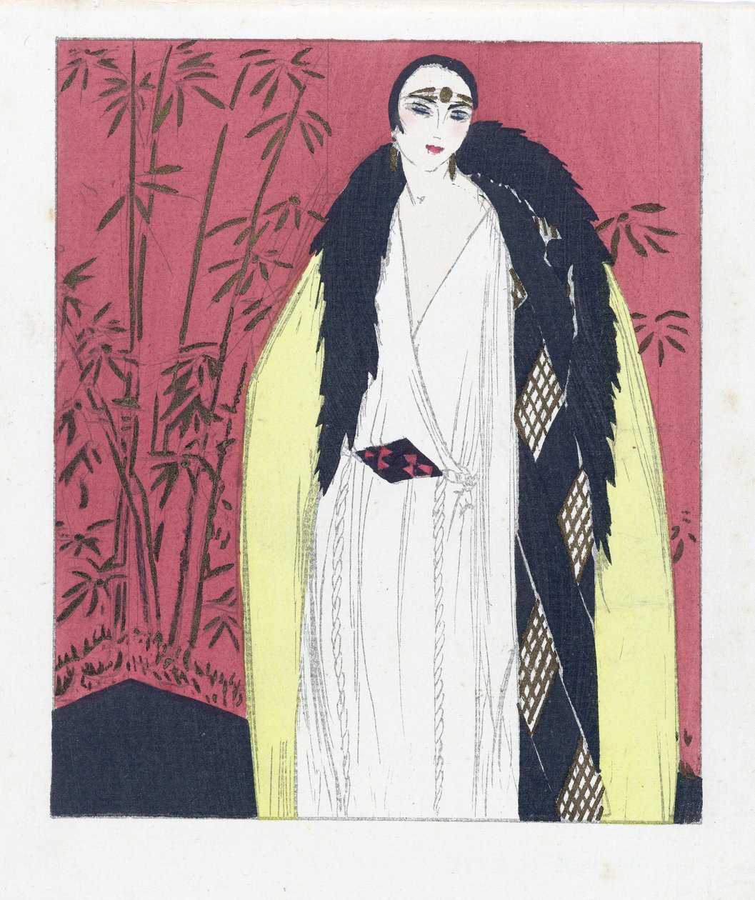 Ontwerp voor een avondjapon met bont afgezette kap, pub. 1924 (pochoirdruk) door French School