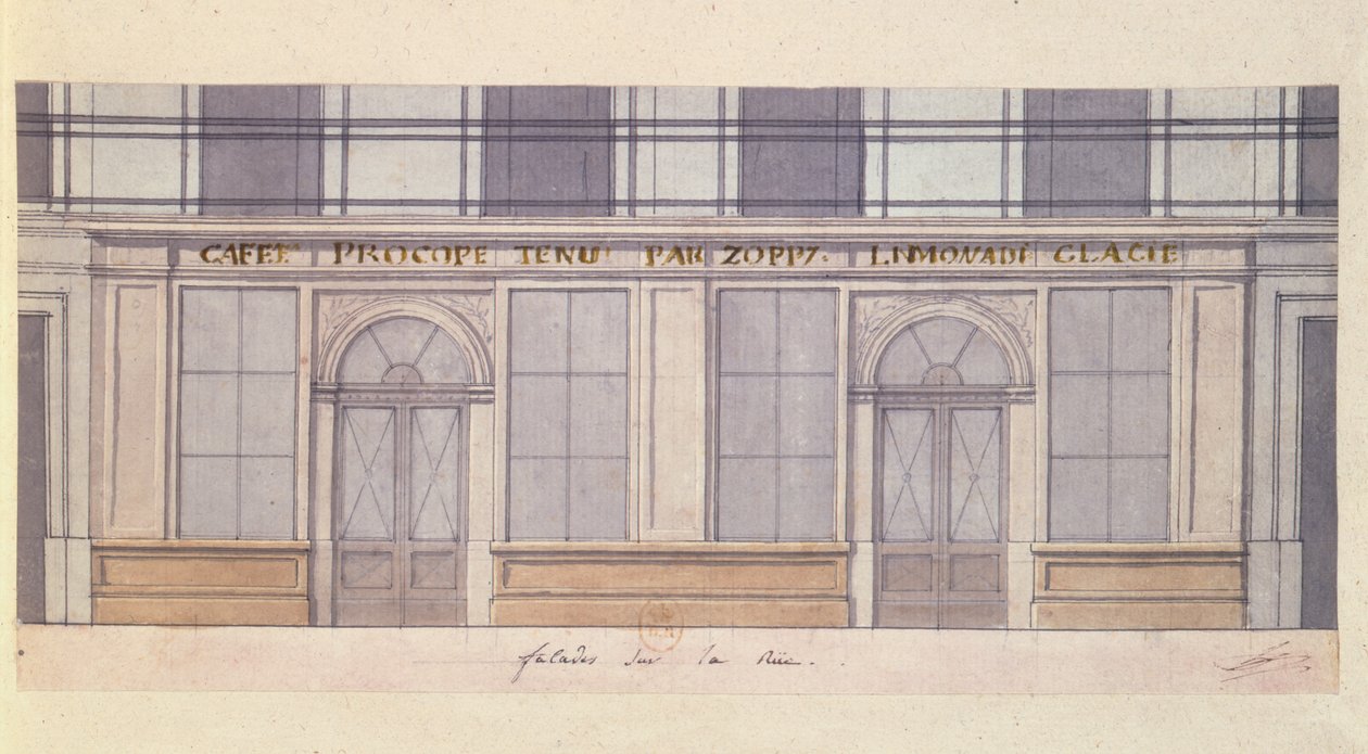 Ontwerp voor de gevel van het Cafe Procope, begin 19e eeuw door French School