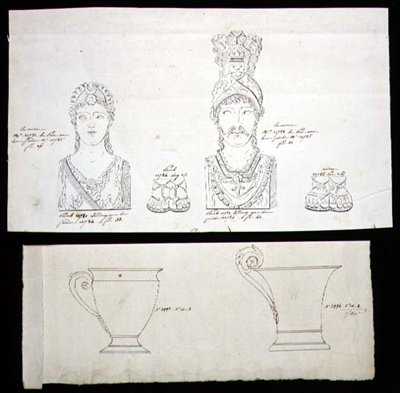 Ontwerpen voor verguld bronzen meubelbeslag en Franse Empire porseleinen kopjes, c.1820 door French School
