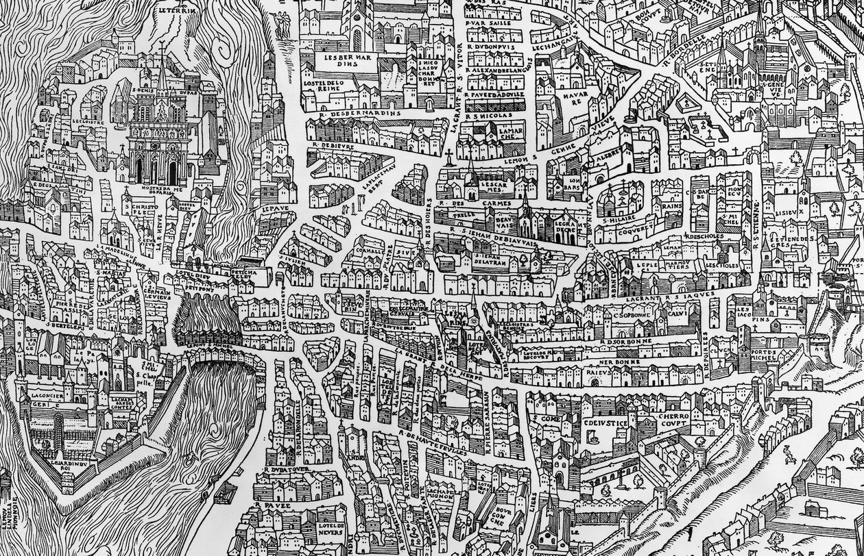 Detail van een kaart van Parijs tijdens het bewind van Hendrik II met de quartier des Ecoles, 1552 door French School