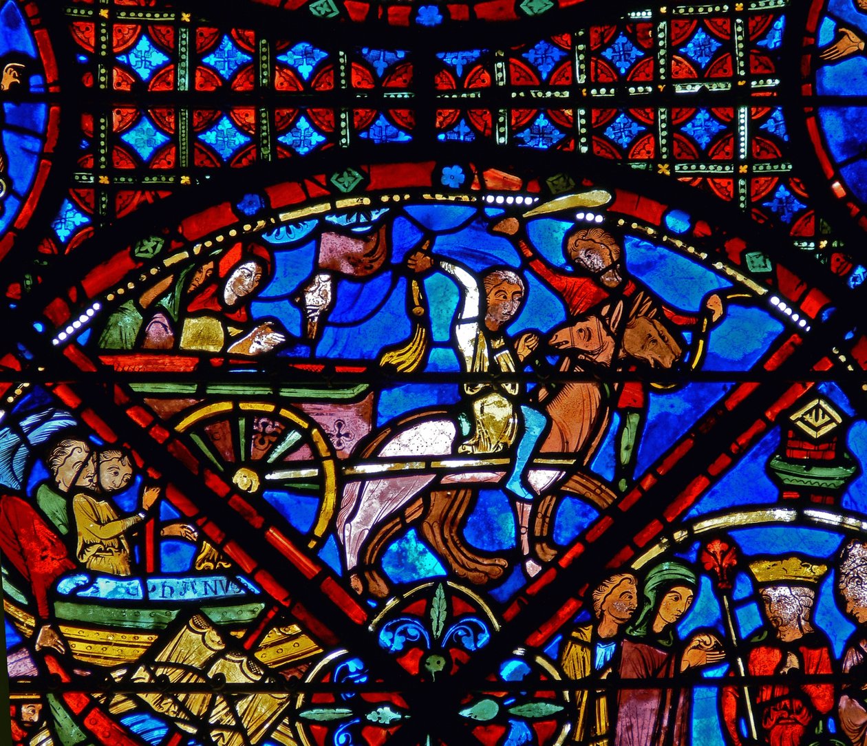 Detail (paard en kar) uit een raam van scènes uit het leven van St. Stephen door French School