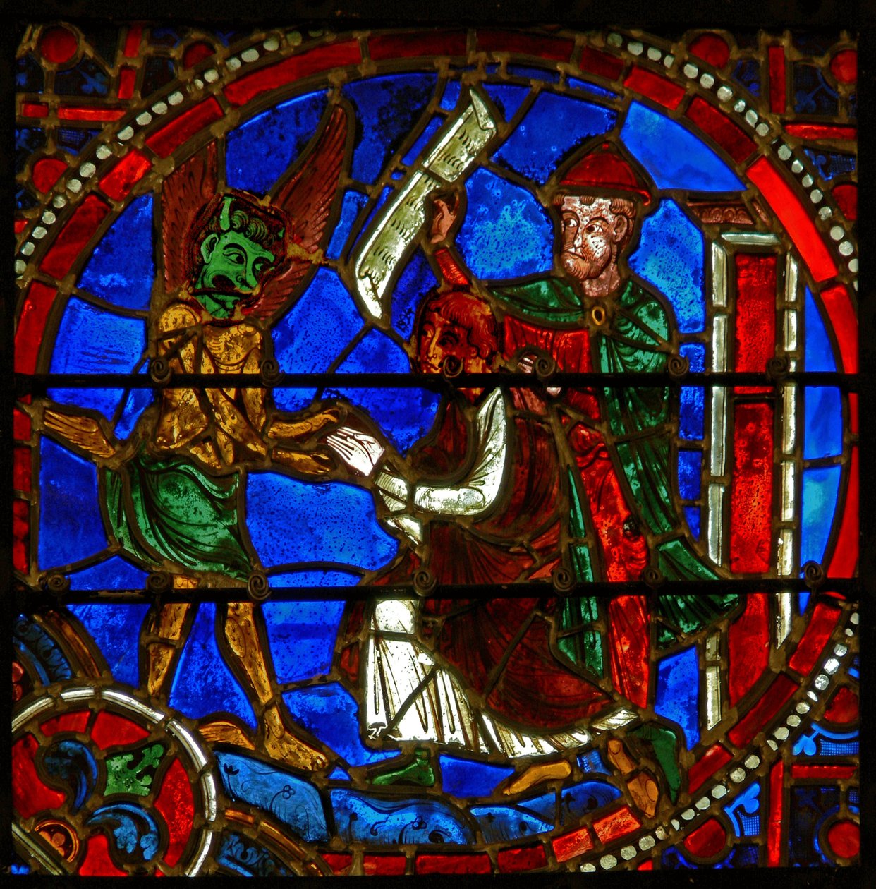 Detail (een raam) met scènes uit het wonder van Theophilus door French School