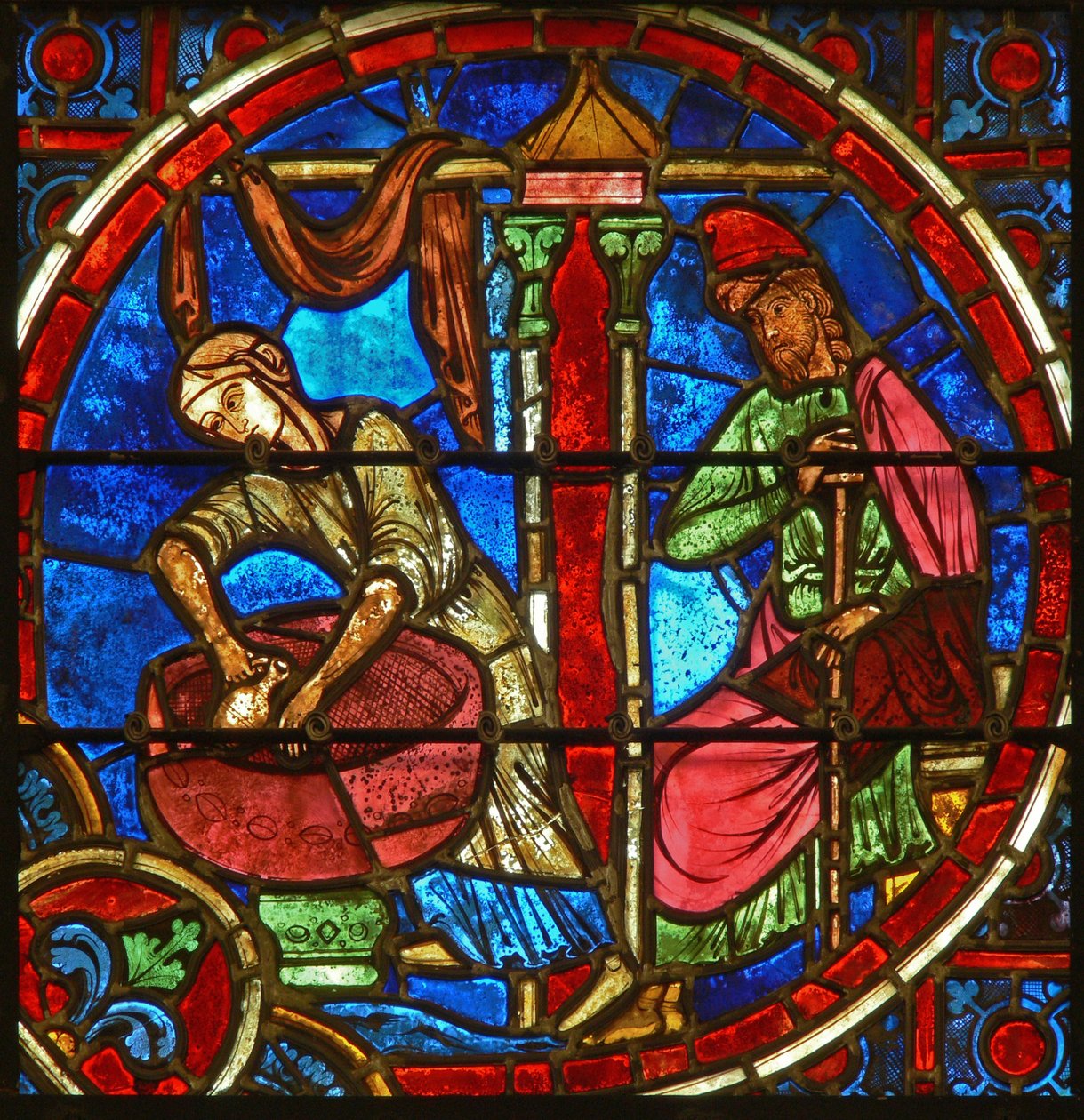 Detail van een venster met de geboorte van Christus door French School