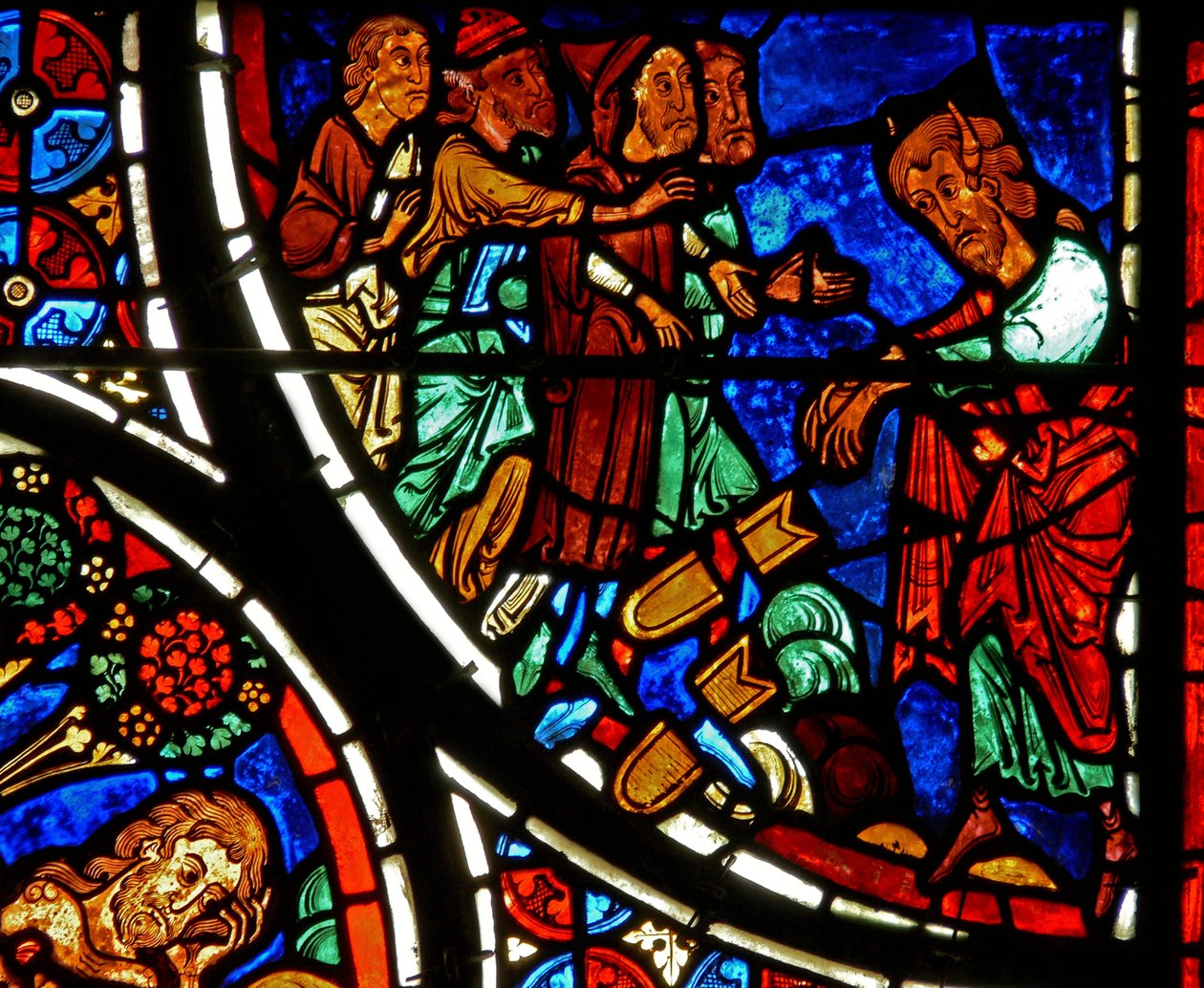 Detail (Mozes gooit de tafelen neer) uit een raam van de gelijkenis van de Barmhartige Samaritaan door French School