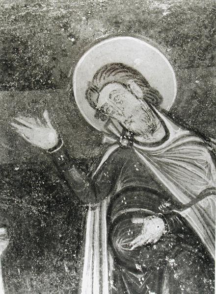 (detail) van St. Savin, van een fresco die St. Savin en St. Cyprien toont die van de beesten worden bevrijd, c.1100 (fresco) door French School