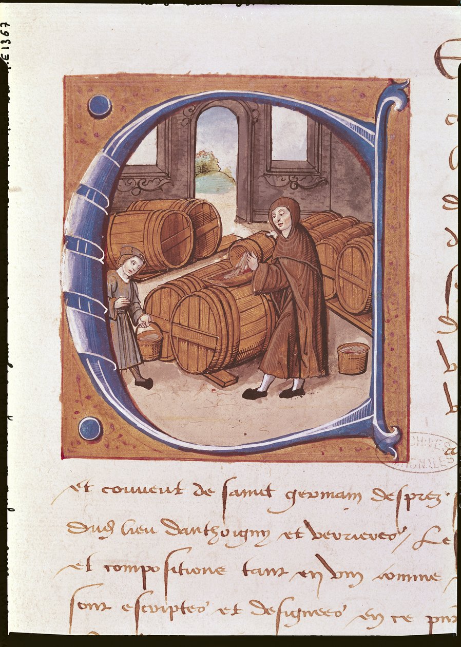 Detail van een gehistorieerde initiaal met een illustratie van een wijnboer aan het werk, uit het 
