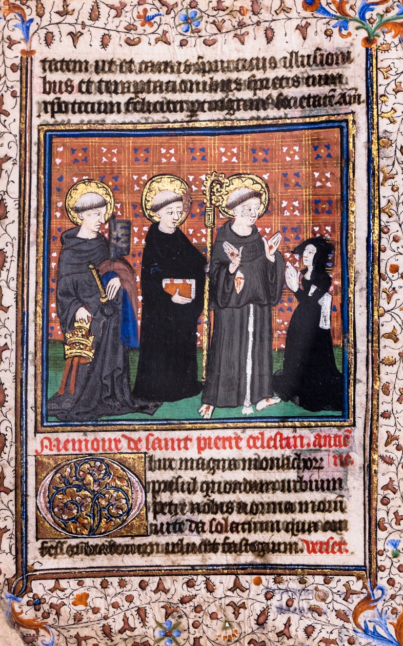 Toegewijde in gebed voor de heilige Pierre Célestin, de heilige Benedictus en de heilige Franciscus door French School