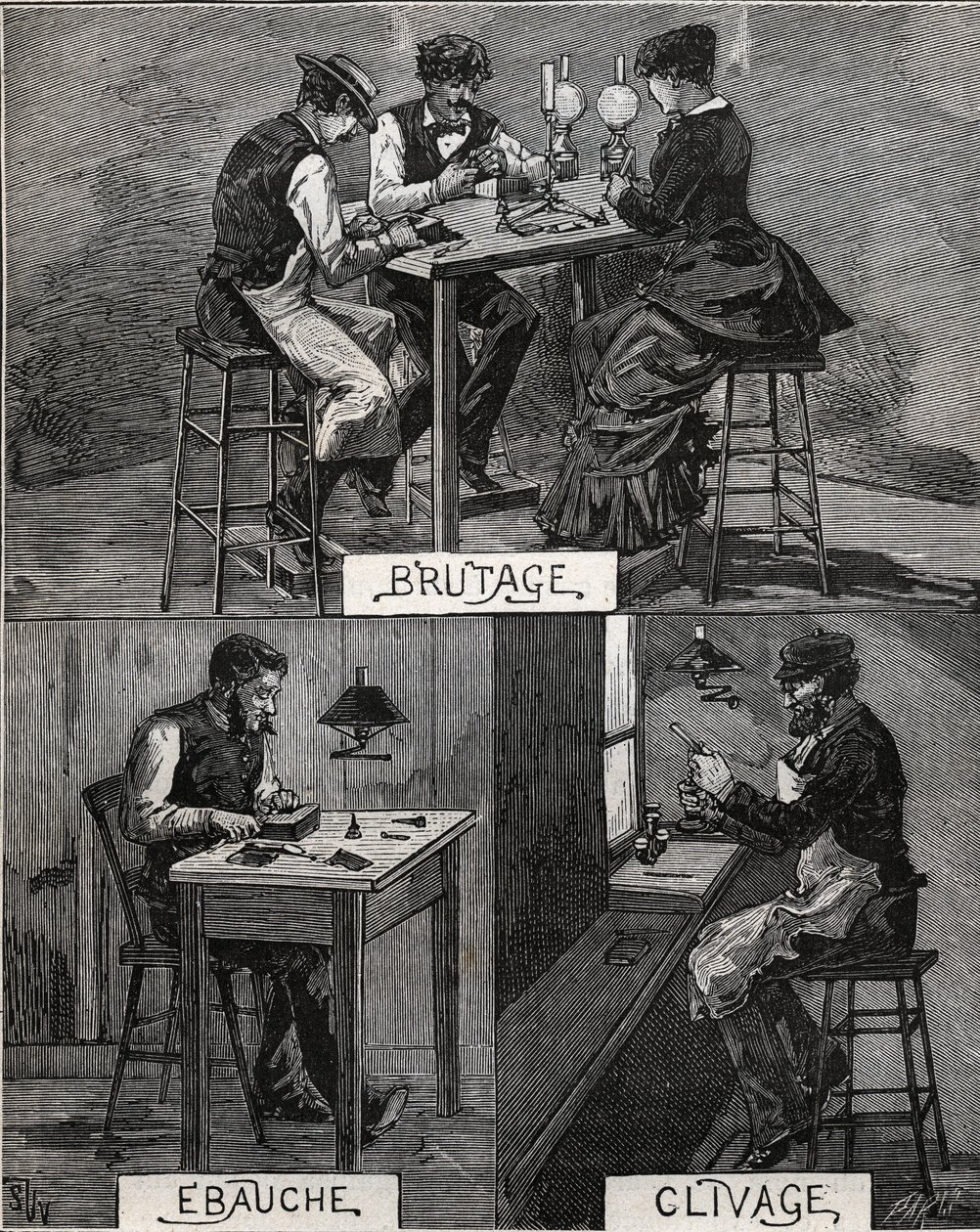Diamant slijpen, geluid, ruw en splijten. Gravure uit 1885 in 