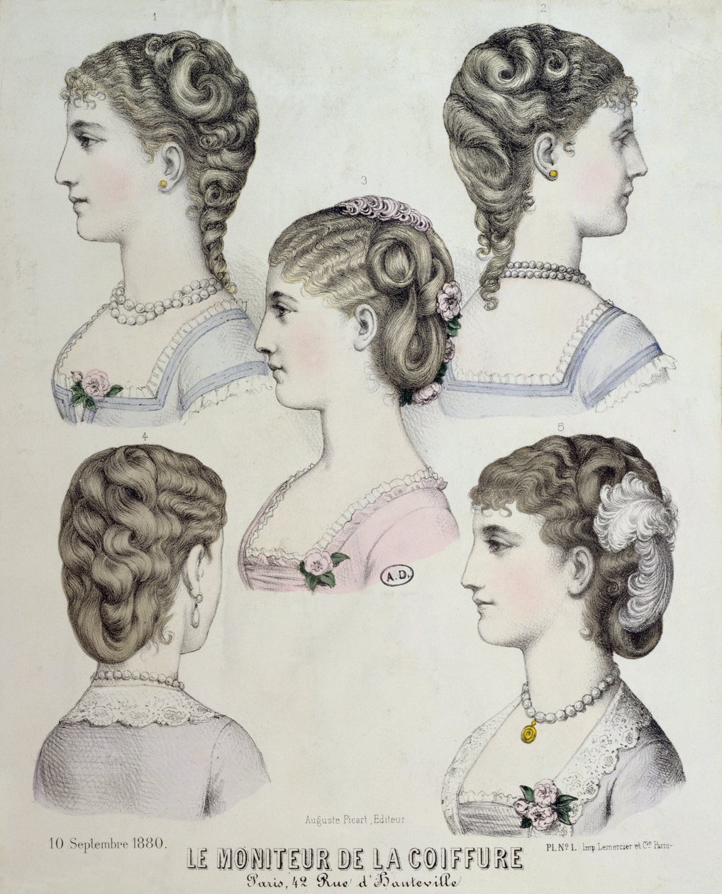 Verschillende kapsels, plaat uit Le Moniteur de la Coiffure, 1880 door French School