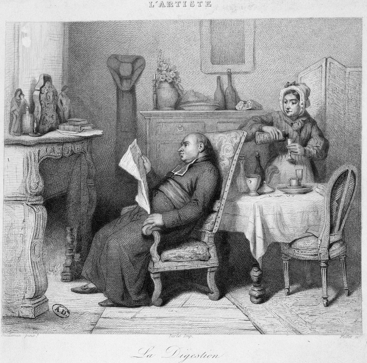 Spijsvertering: priester leest zijn dagboek voor de open haard terwijl zijn dienstmeid hem een digestief serveert - gravure door French School