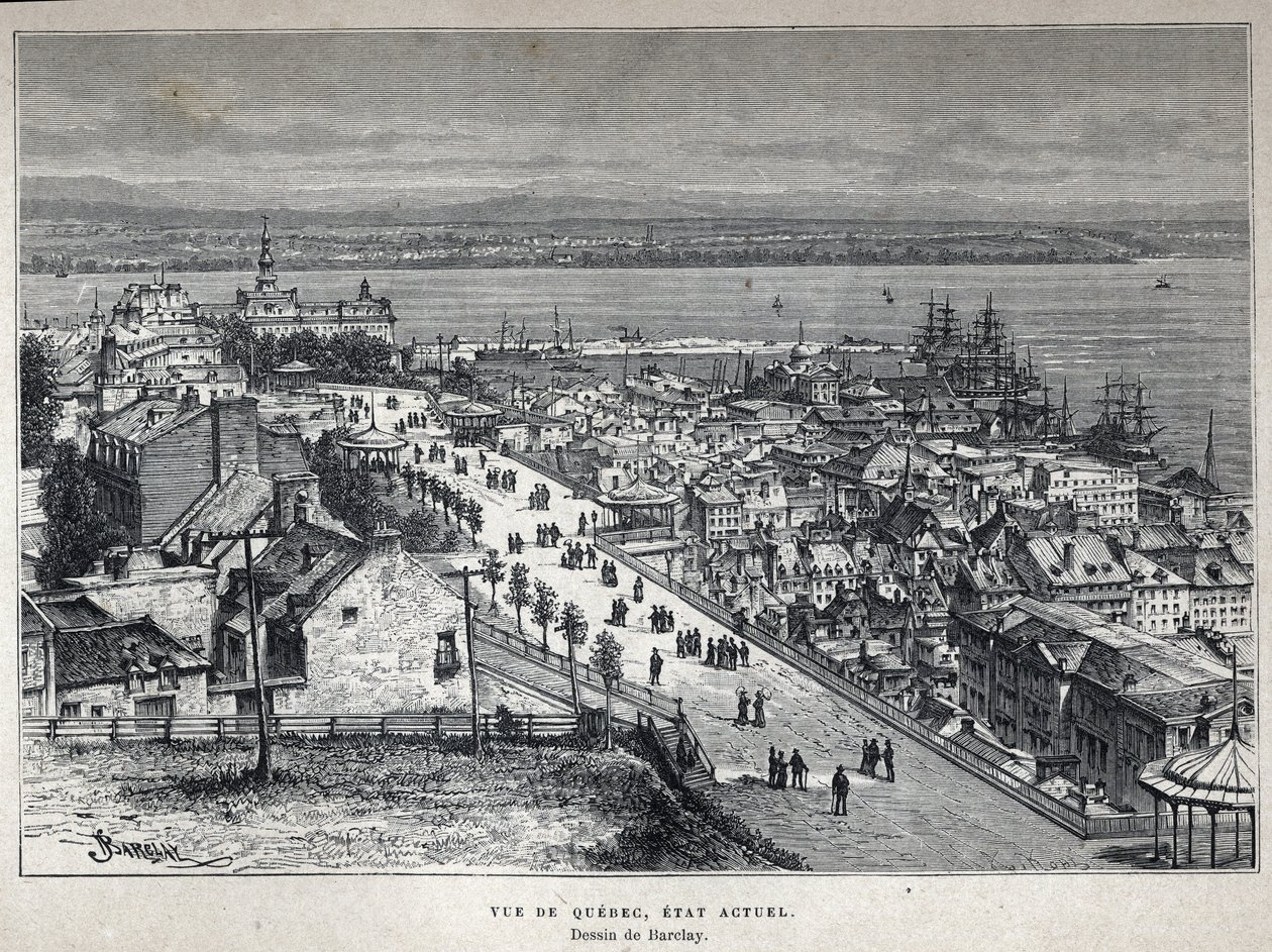 Ontdek Canada: uitzicht op Quebec City aan het einde van de 19e eeuw. Barclay tekening. Gravure uit het einde van de 19e eeuw in 
