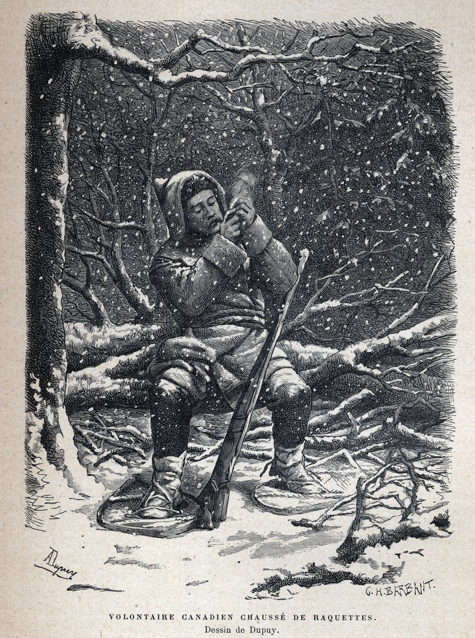 Ontdek Canada: Canadese leger vrijwilliger sneeuwschoenen. Tekening door Dupuy. Gravure uit het einde van de 19e eeuw in La nouvelle France door Eugene Guenin door French School