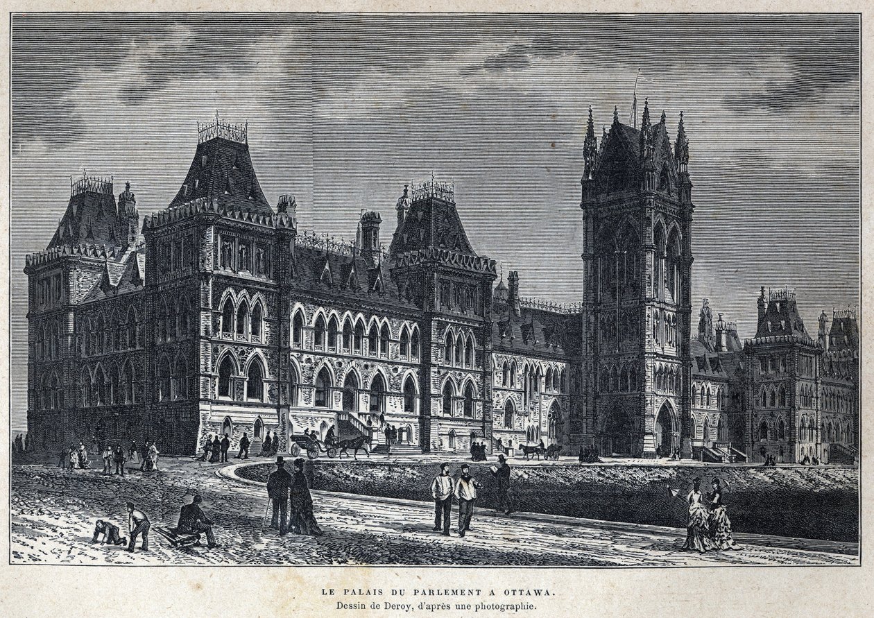 Ontdek Canada: Het parlementsgebouw in Ottawa. Tekening door Deroy van een foto. Gravure uit het einde van de 19e eeuw in La nouvelle France door Eugene Guenin door French School