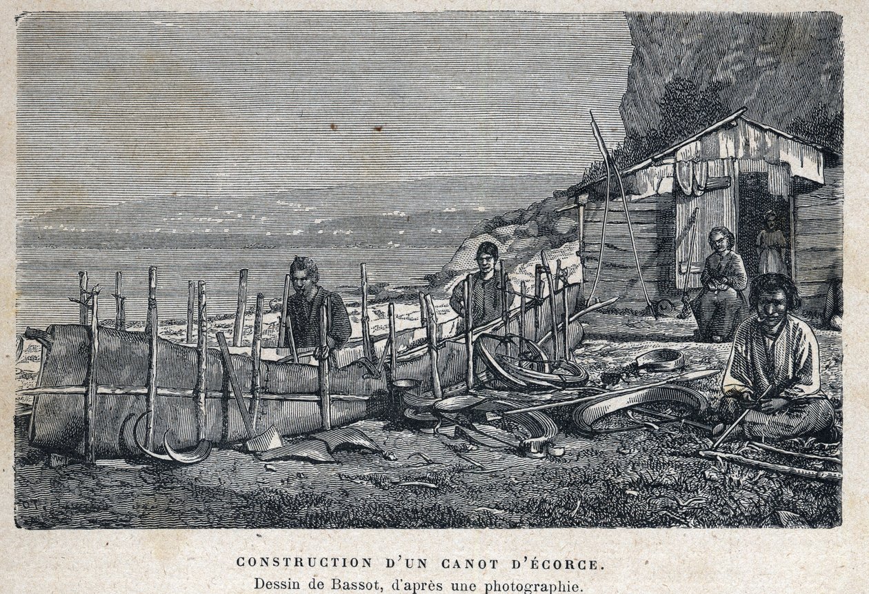 Ontdekking van Canada: bouw van een berkenhouten kano. Tekening door Bassot naar een foto. Gravure uit het einde van de 19e eeuw in 
