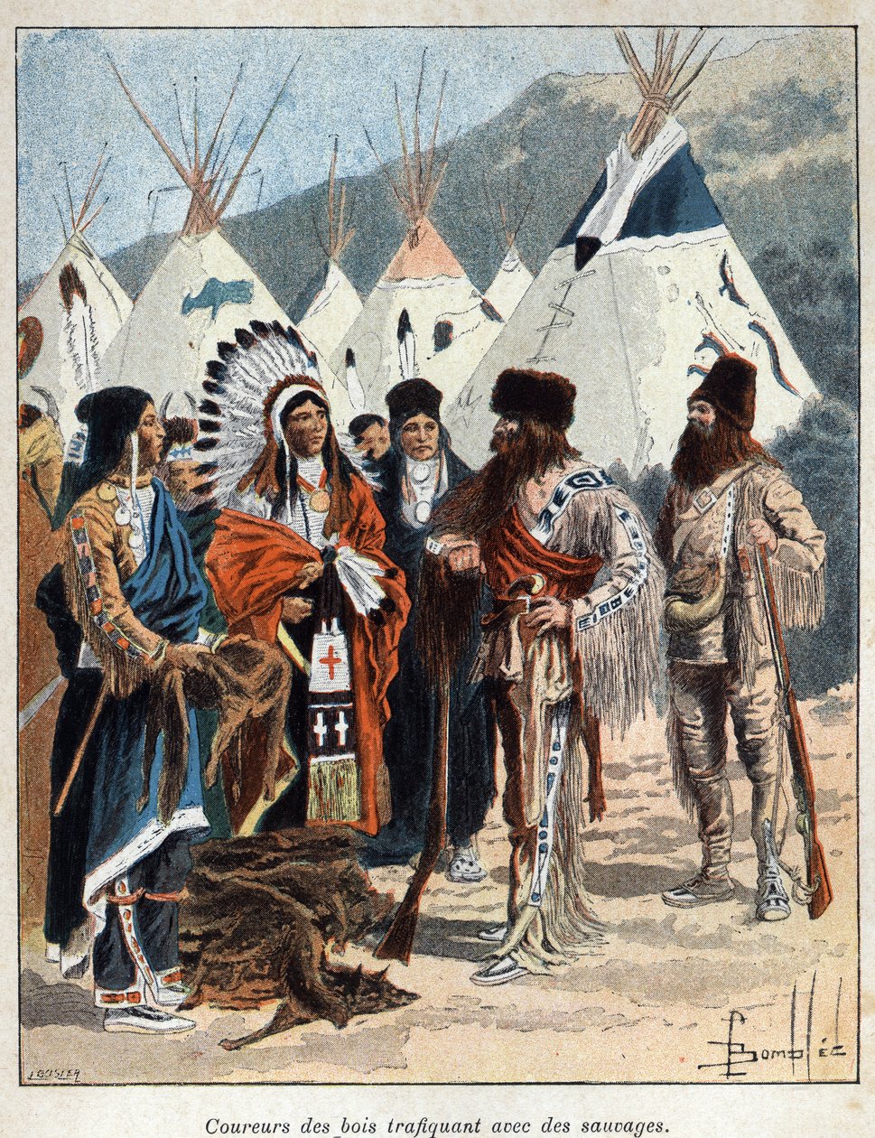 Ontdek Canada: de coureurs de bois, betrokken bij de bonthandel met de Indianen van Amerika, verhandelen dierenvellen in de 17e eeuw. Gravure uit het einde van de 19e eeuw in La nouvelle France door Eugene Guenin door French School