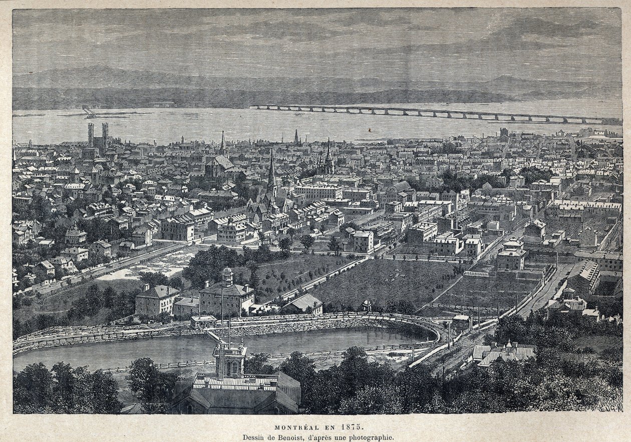 Ontdekking van Canada: uitzicht op de stad Montreal in 1875. Tekening door Benoist naar een foto. Gravure uit het einde van de 19e eeuw in "La nouvelle France" door Eugene Guenin. door French School