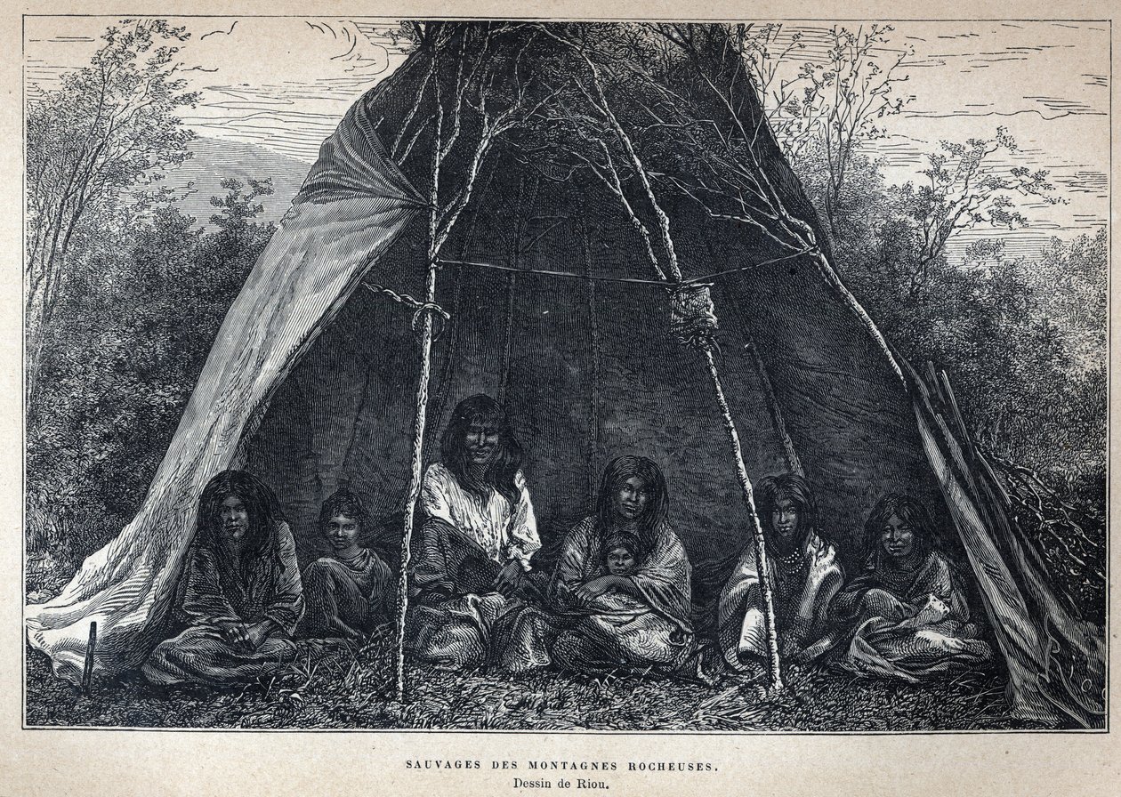 Ontdek Canada: Amerikaanse Indianen die in de Rockies wonen. Gravure uit het einde van de 19e eeuw in La nouvelle France door Eugene Guenin door French School