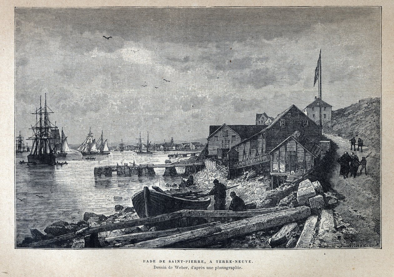 Ontdekking van Canada: Haven van St. Peter (St. Pierre) in Newfoundland. Tekening door Weber naar een foto. Gravure uit het einde van de 19e eeuw in 