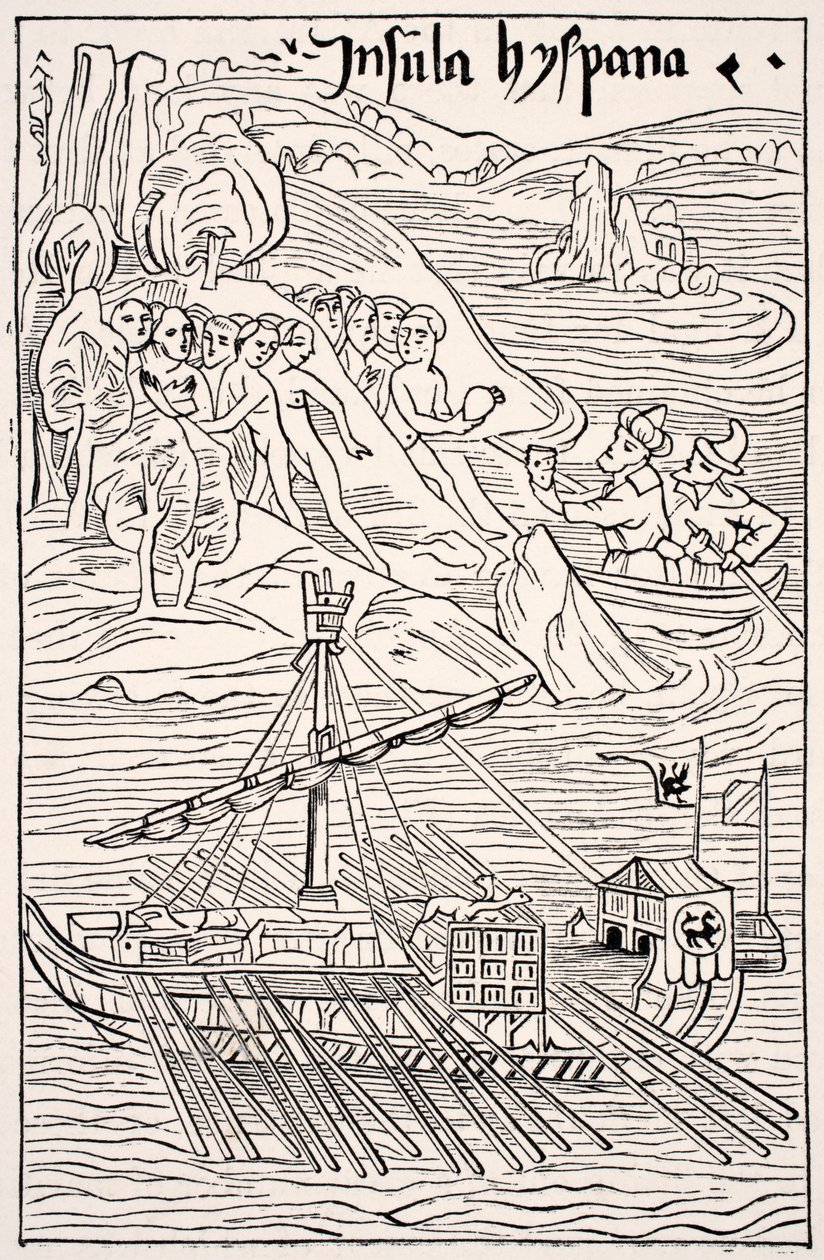 Ontdekking van Santo Domingo, Insula Hyspana, door Christoffel Columbus, Facsimile van een houtsnede van de Epistola Christoferi Colom, uit Wetenschap en Literatuur in de Middeleeuwen door Paul Lacroix, gepubliceerd in Londen 1878 door French School