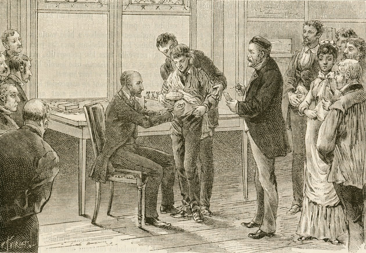 Dokter Pasteur onderzoekt jongen besmet met hondsdolheid. 19e eeuw (gravure) door French School