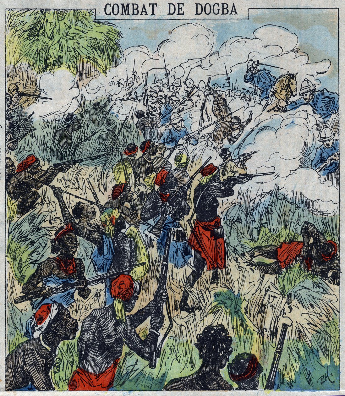 Slag bij Dogba tussen de expeditieleger van Generaal Dodds en de troepen van Behanzin. Dahomey door French School