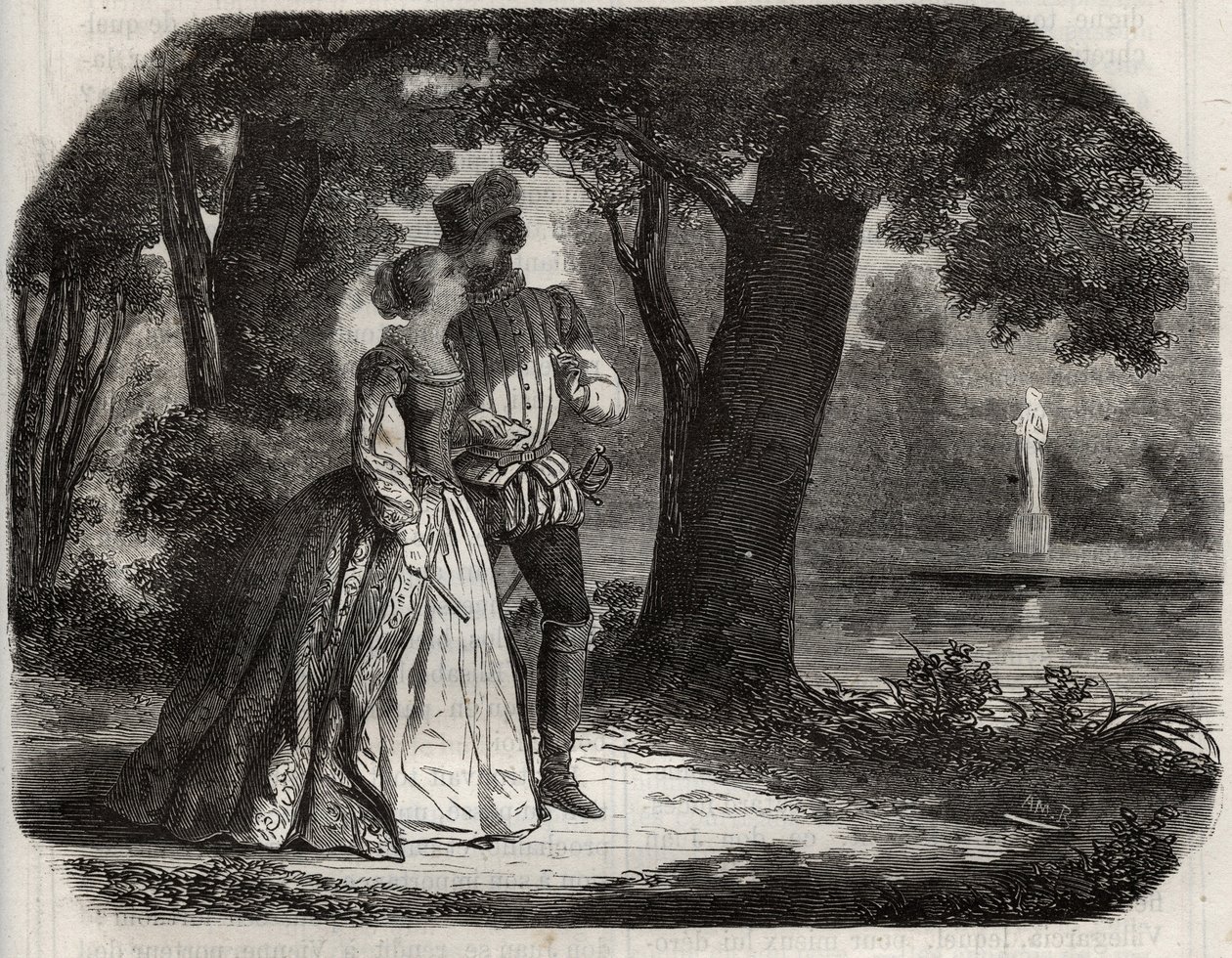 Don Juan besprak met Anna van Oostenrijk (1549-1580) zijn mogelijke verbintenis met prins Don Carlos (1545-1568), zoon van koning Filips II van Spanje (1527-1598). Gravure uit 1871 in 