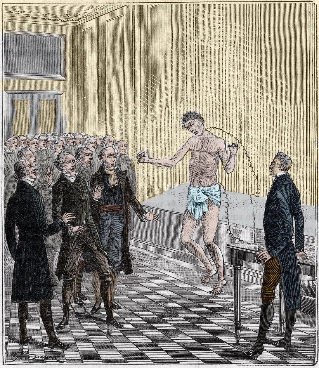 Dr. Andrew Ure voert voltaïsche experimenten uit op het lichaam van de geëxecuteerde moordenaar, Clydesdale, in 1818 - Experiment door Andrew Ure (1778-1857) op een lijk - Gravure in "Wetenschappen beschikbaar voor iedereen - natuurkunde en chemie" door Al door French School
