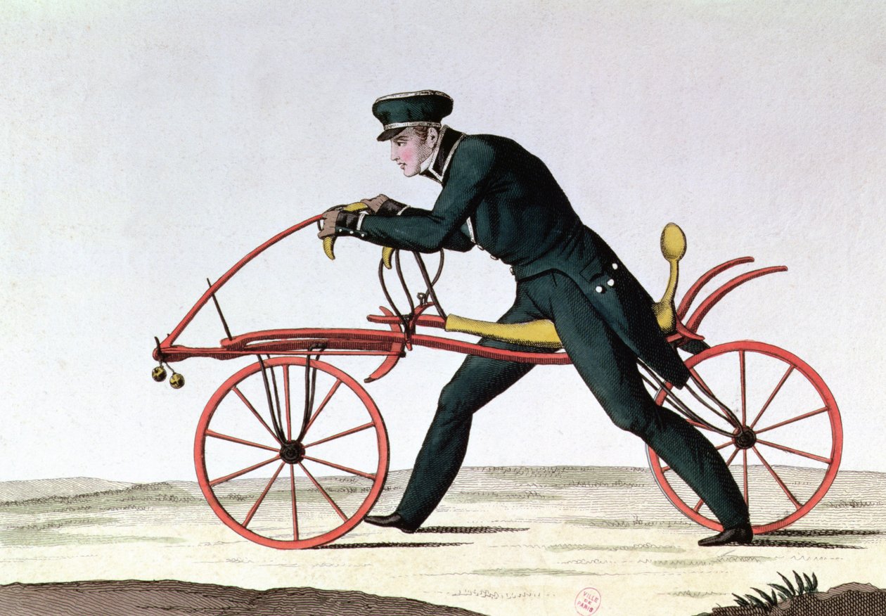 Draisienne, voorloper van de fiets, uitgevonden 1816 door Baron Karl von Drais (1785-1851), 1820 door French School