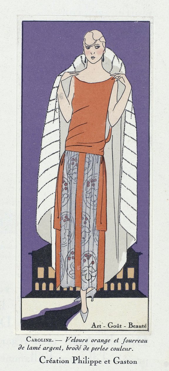 Jurk ontwerp "Caroline", van Art-Gout-Beaute, pub. 1920 (kleurenlitho) door French School