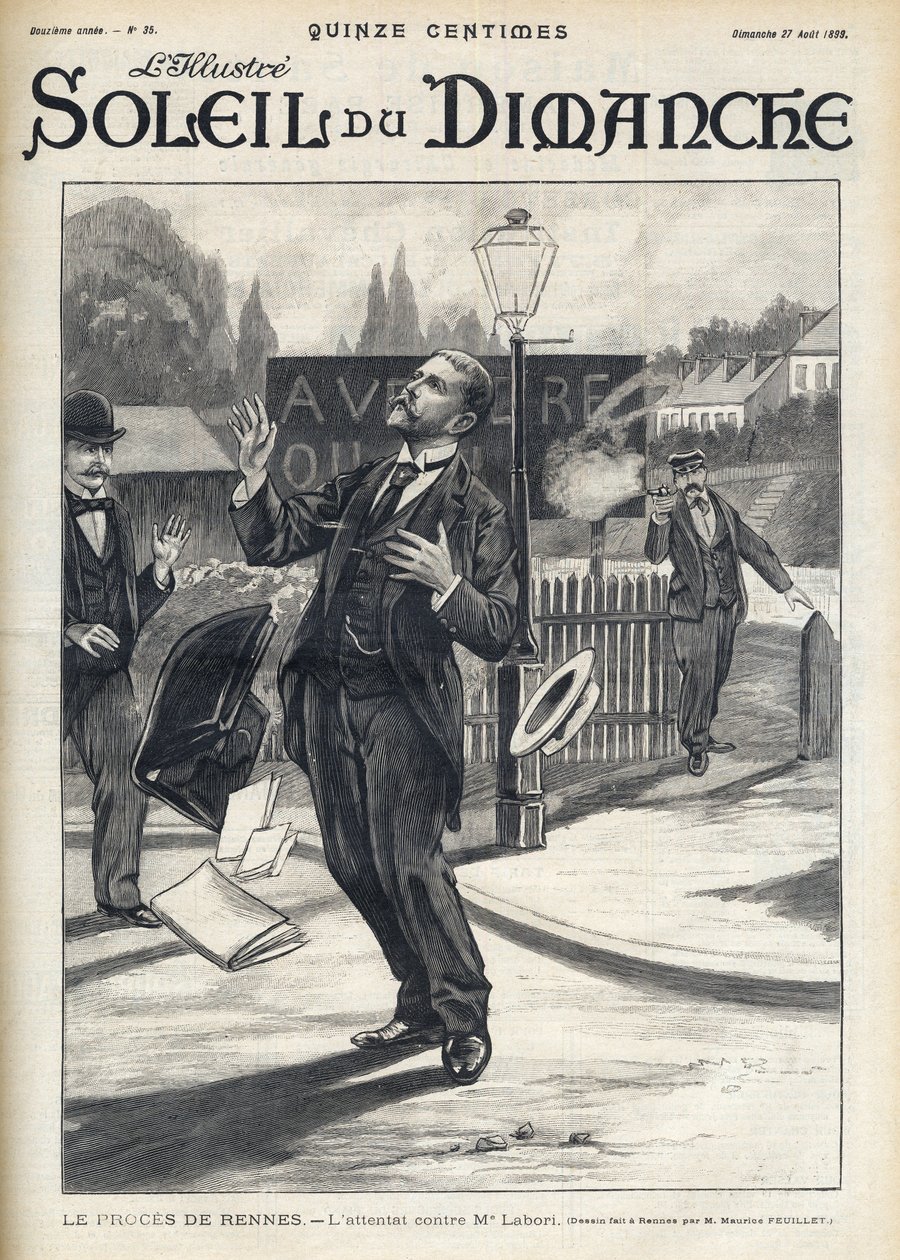 Dreyfus-affaire - Moordpoging op Maitre Labori tijdens het proces in Rennes - Aanval op Mr. Fernand Labori (1860-1917), een verdediger van Alfred Dreyfus (1859-1935), getroffen door een kogel in de rug in Rennes door French School