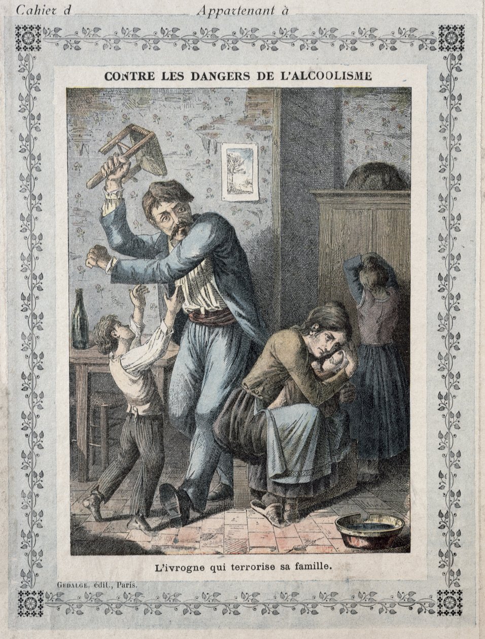 Dronkaard die zijn familie terroriseert, omslag van een schoolschrift, ca. 1900 door French School