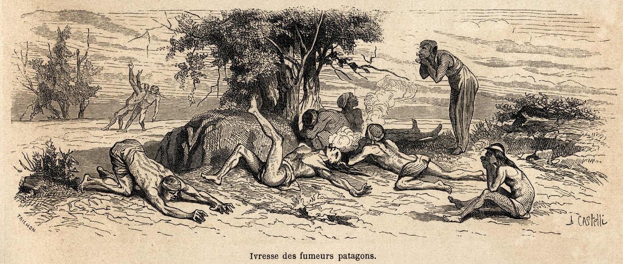 Dronkenschap van rokers, tekening door de auteur, ter illustratie van 3 jaar gevangenschap onder de Patagoniërs door French School