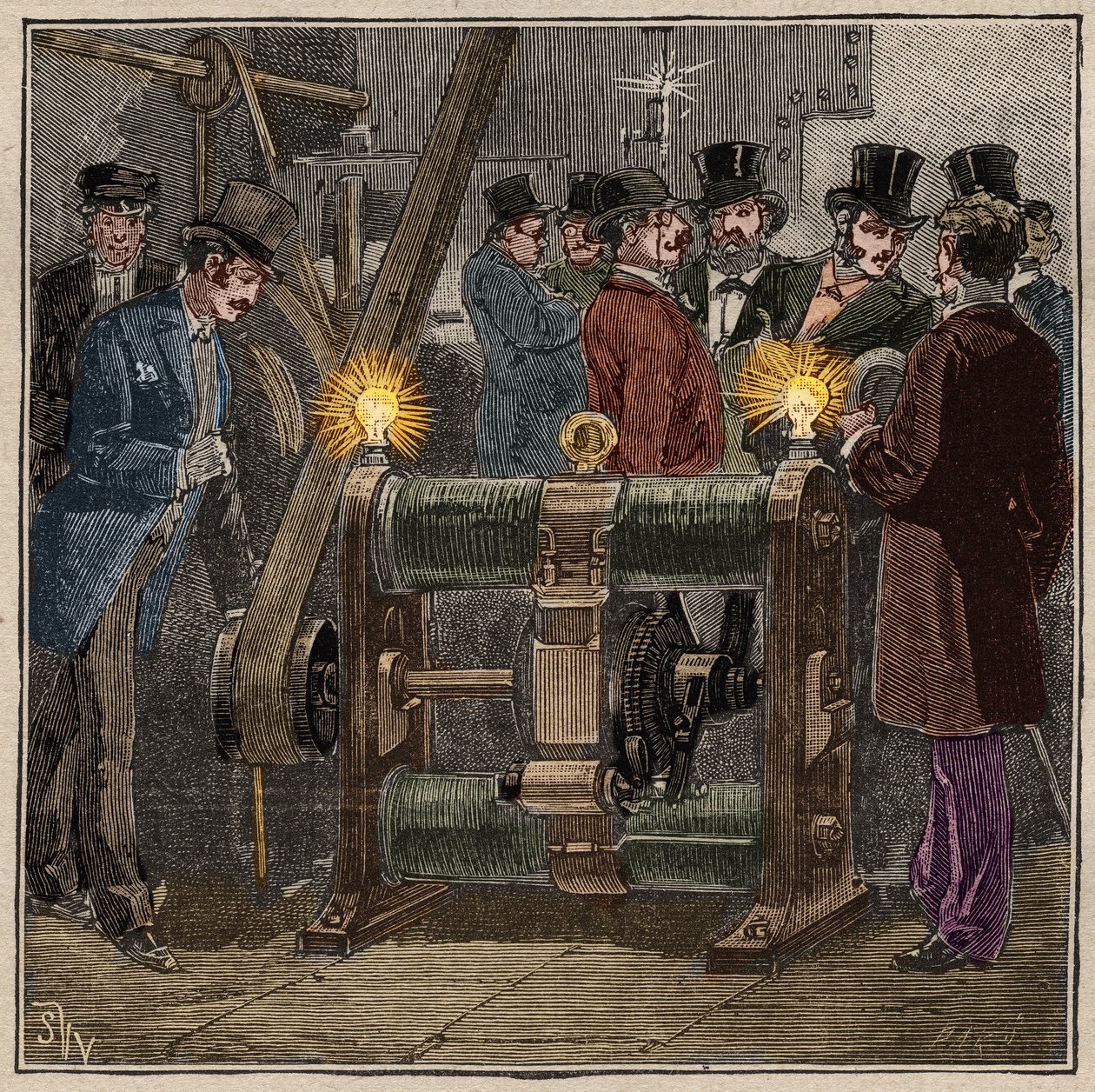 Dynamo elektrische machine van het type Gram (Zenobe Theophile Gram) die gelijkstroom produceert, elektrische ervaring in de machineruimte van het Conservatoire des arts et metiers de Paris (circa 1881). Gravure uit 1885 in 