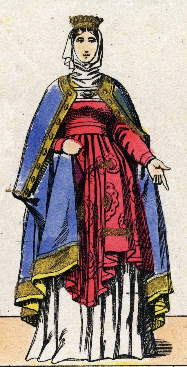 Dynastie van de Capetingers: Portret van Isabelle de Hainaut (1170-1190) Koningin van Frankrijk, vrouw van Filips II bekend als Filips Augustus (1165-1223). Epinal afbeelding uit het einde van de 19e eeuw. Privécollectie. door French School