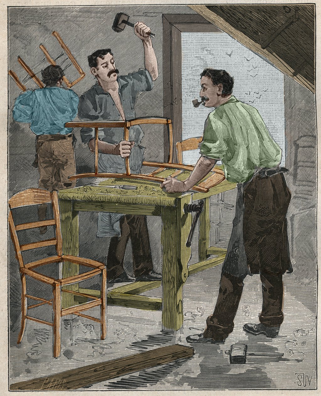 Ebenisterie: montage van stoelen in de 19e eeuw in Frankrijk. Gravure uit 1885 in 
