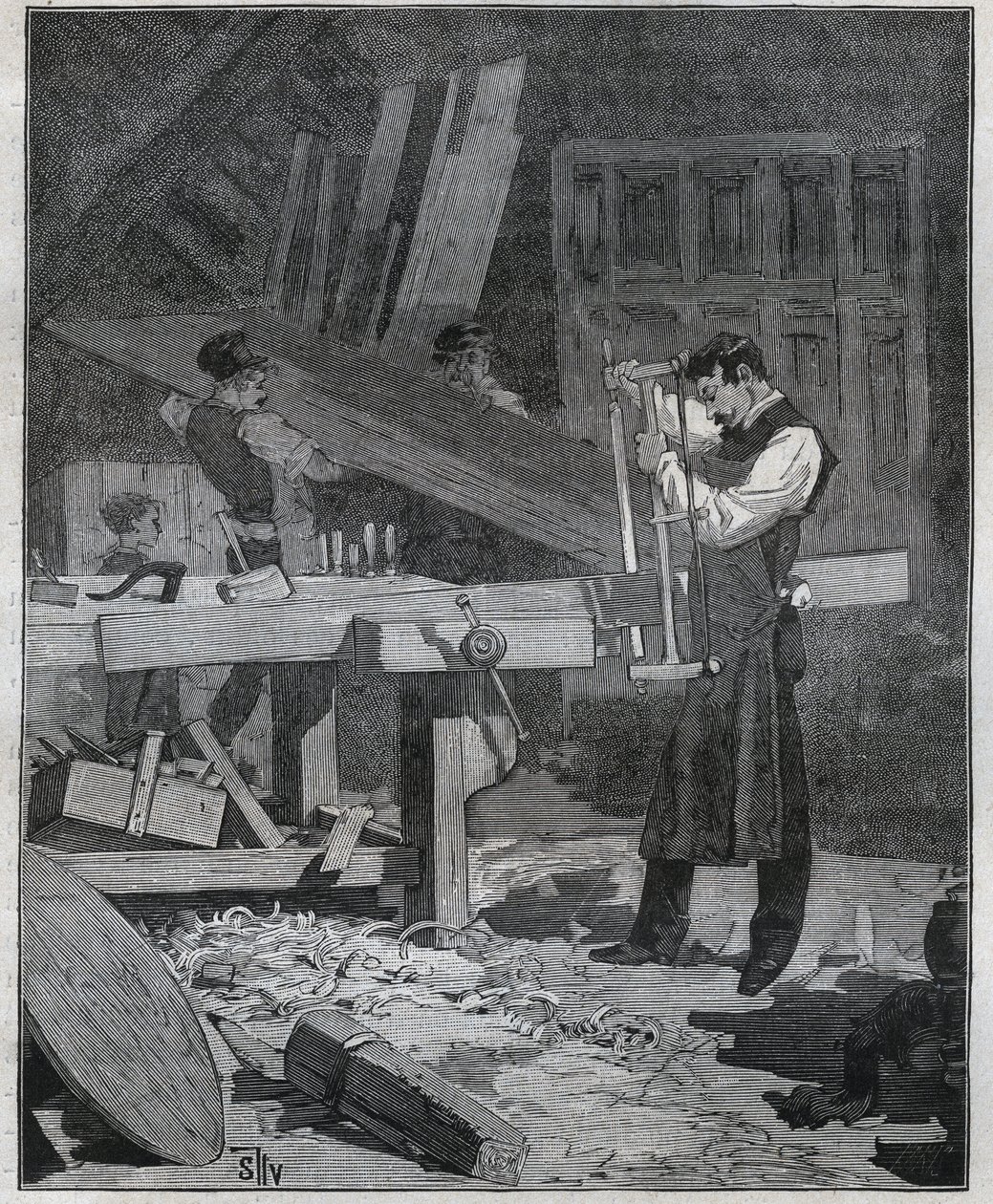 Ebenisterie: ebenist werker die een plank splijt aan de werkbank. Gravure uit 1885 in 