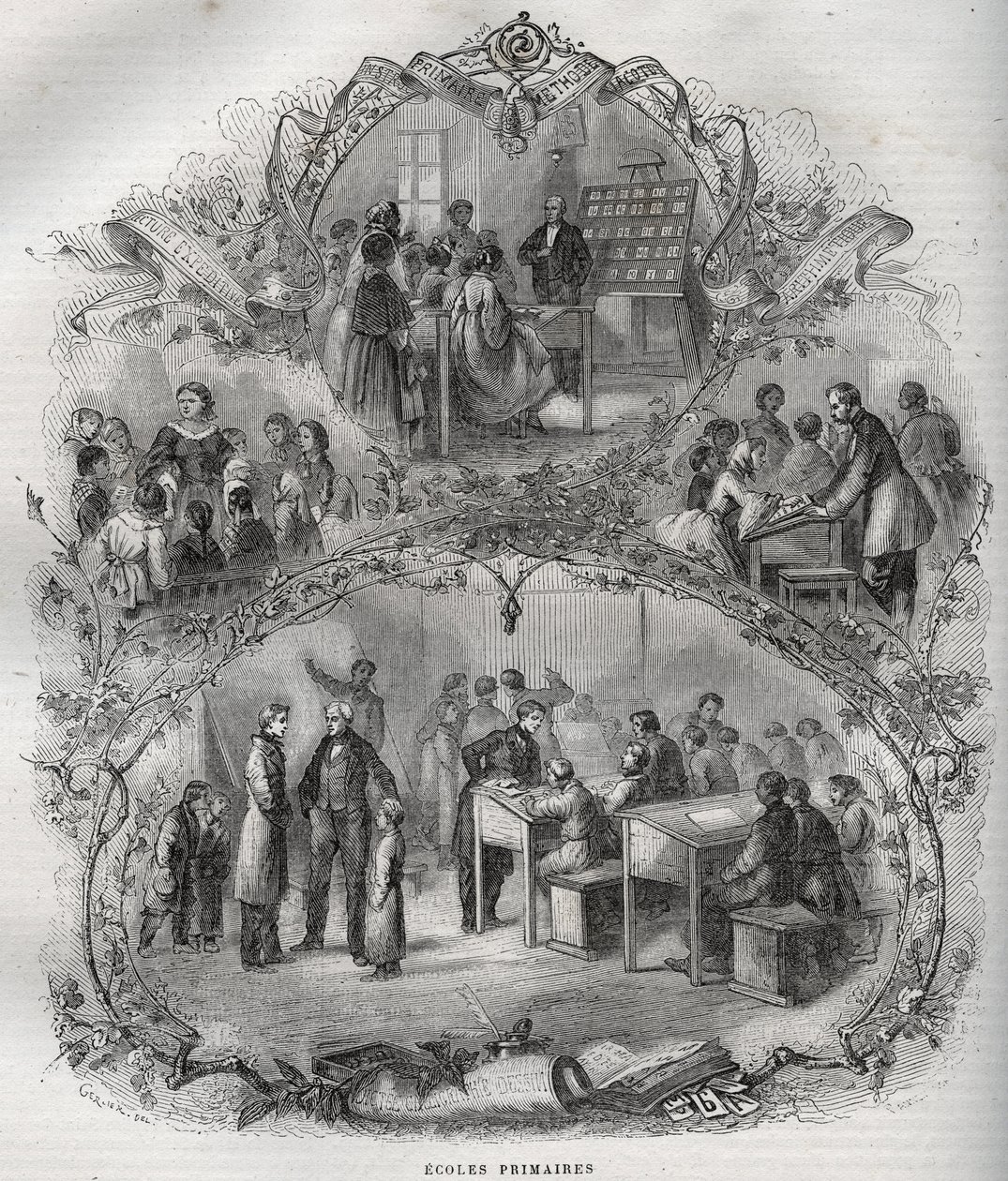 Ecoles primaires en France au 19eme Siecle - gravure in - Nieuwe Nationale Encyclopedie door Maurice La Charest - 1870 door French School