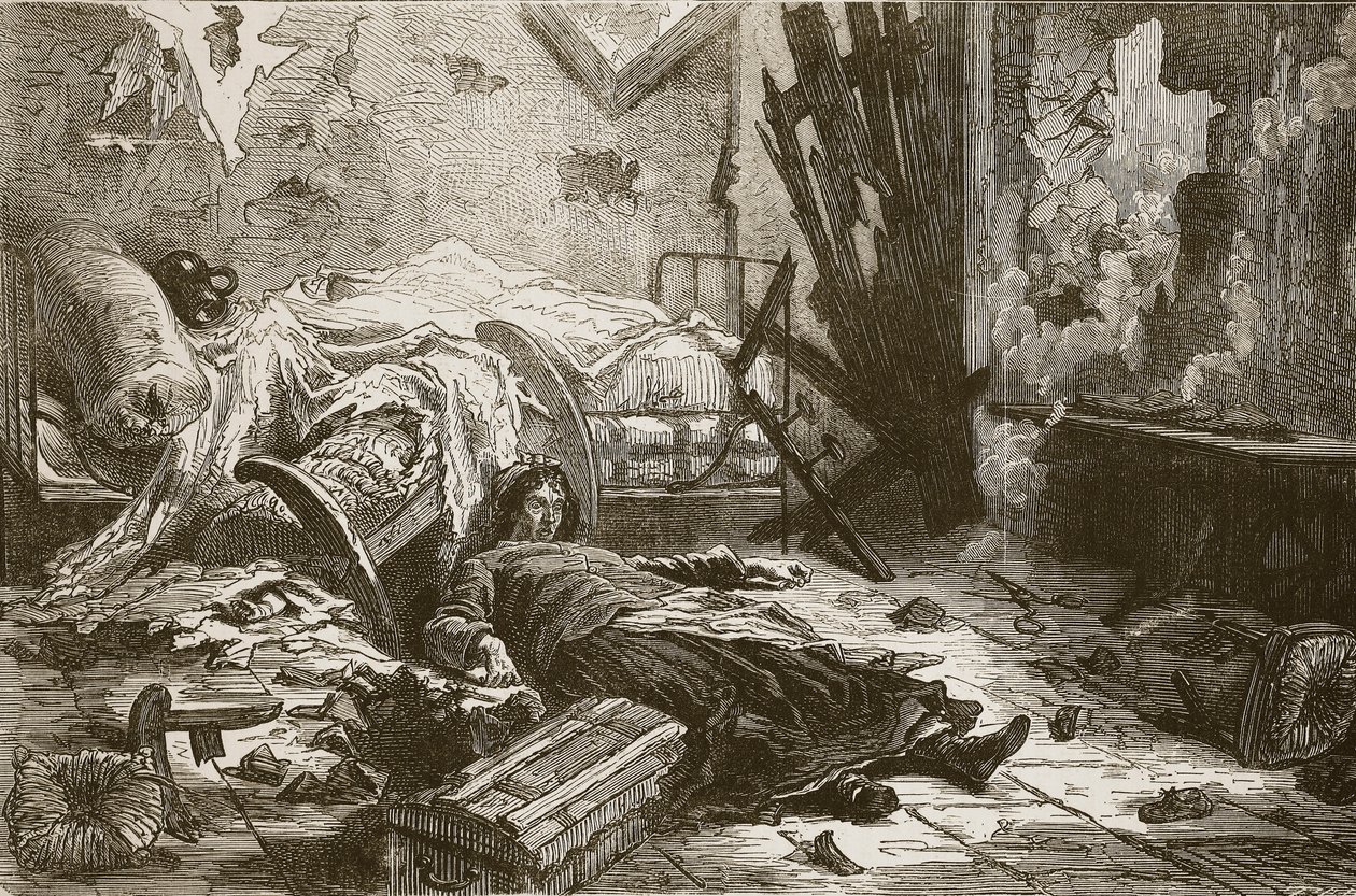 Gevolgen van de explosie van een granaat in een huis in de buitenwijken, mei 1871, illustratie uit 