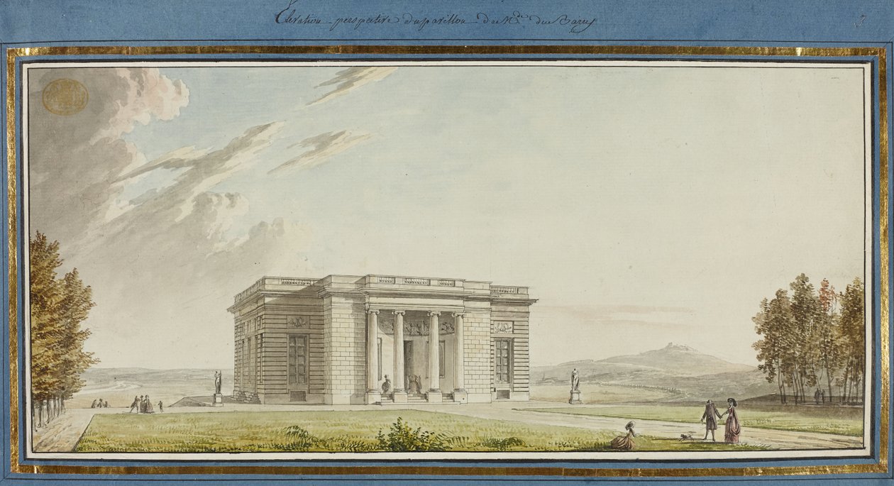 Élévation perspective du pavillon de Mde. Du Barry (pen en zwarte inkt met aquarel op papier) door French School